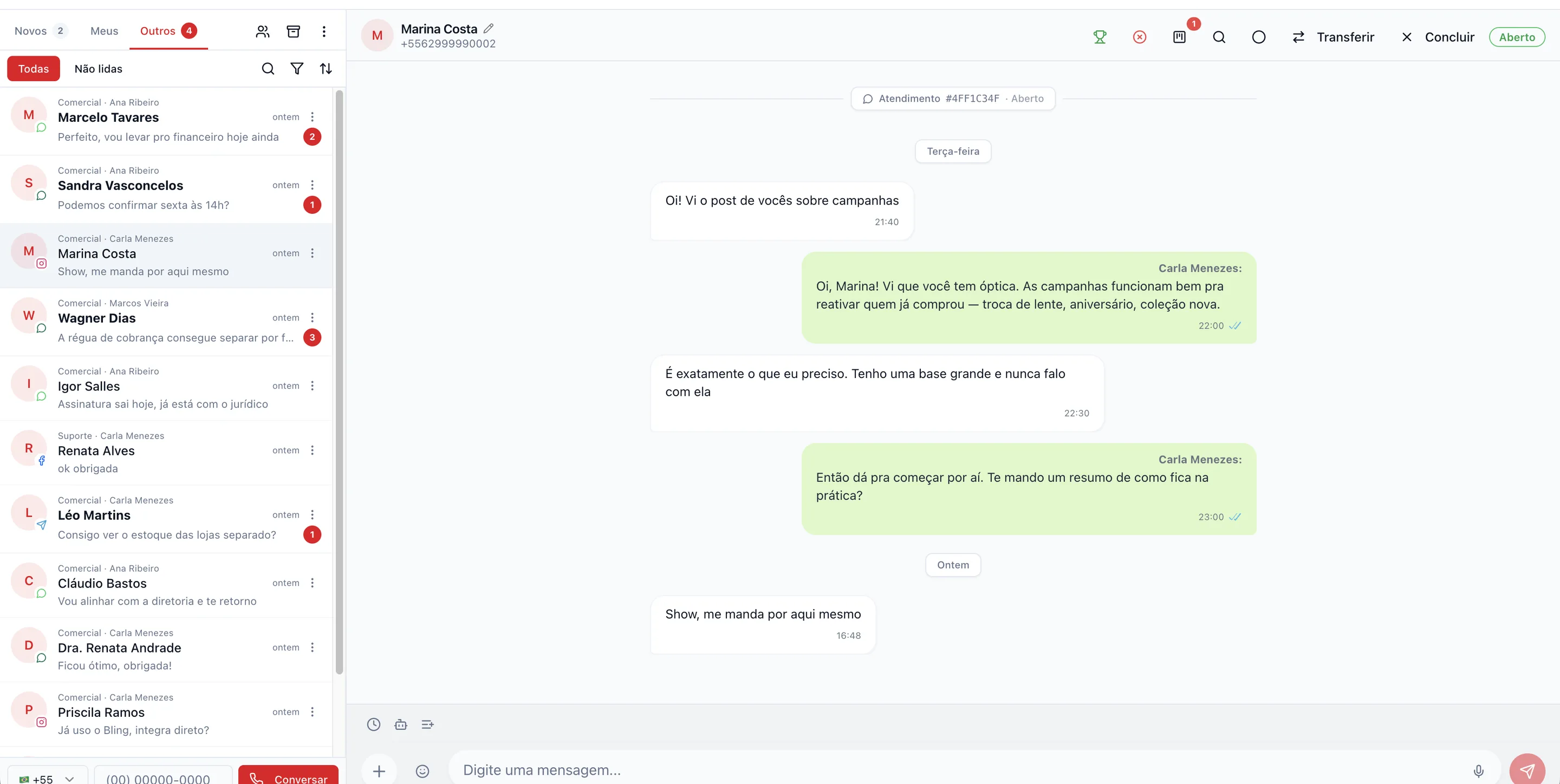 Atendimento no RedCake CRM com conversa de WhatsApp, audio e resposta automatica