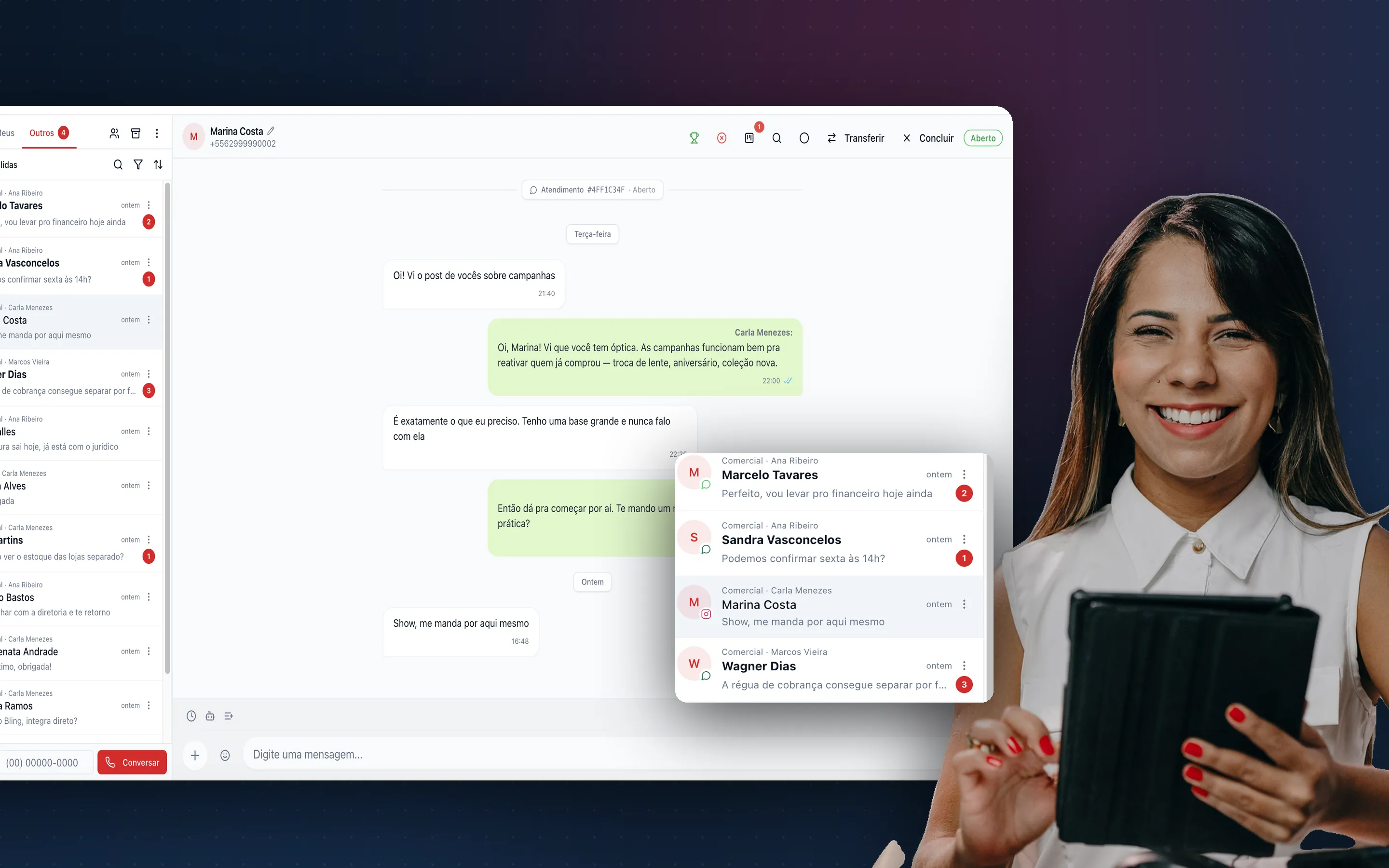 Caixa de entrada do RedCake CRM com conversas de WhatsApp, Instagram e e-mail centralizadas