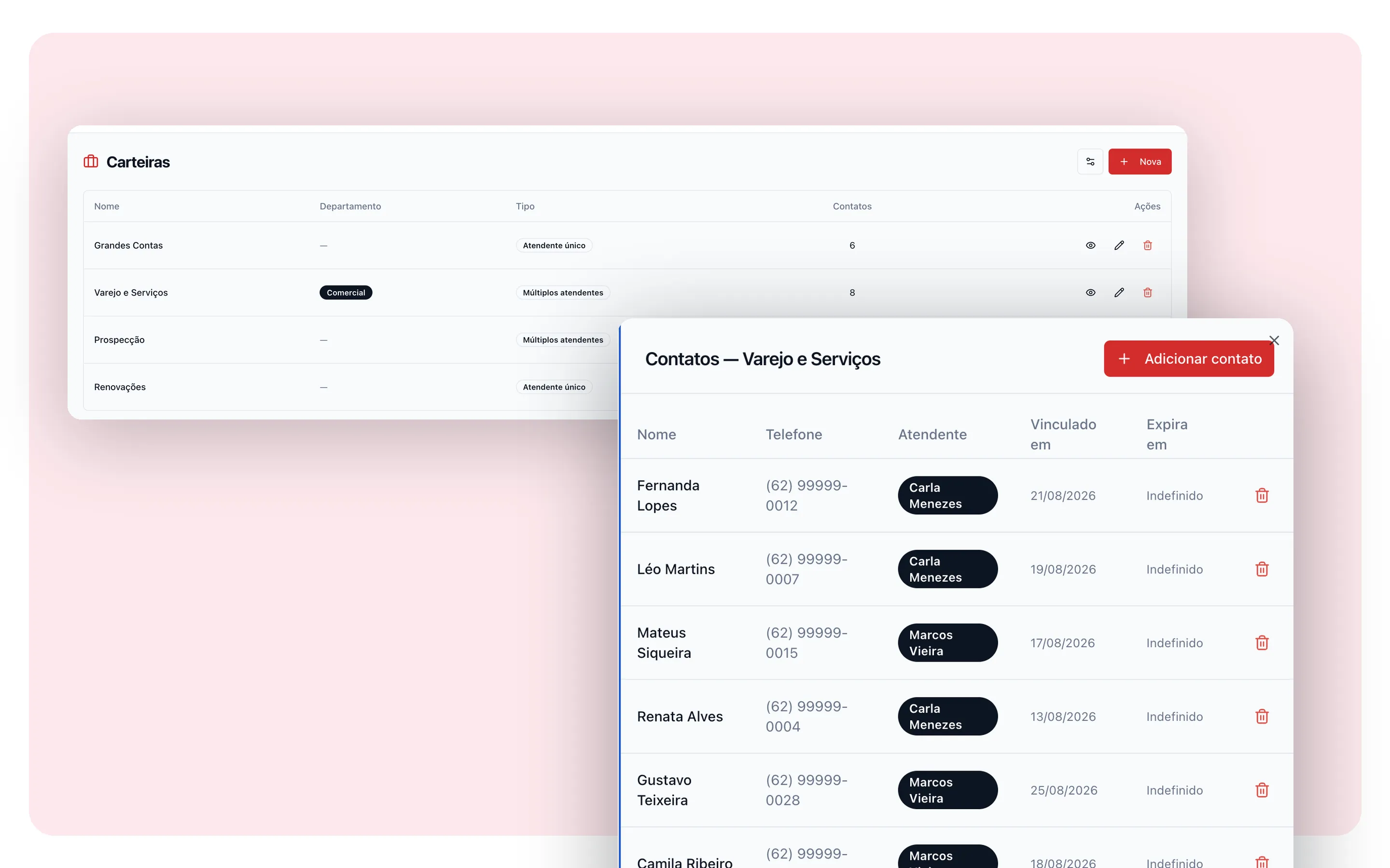 Tela de carteiras do RedCake CRM com contatos distribuídos entre responsáveis
