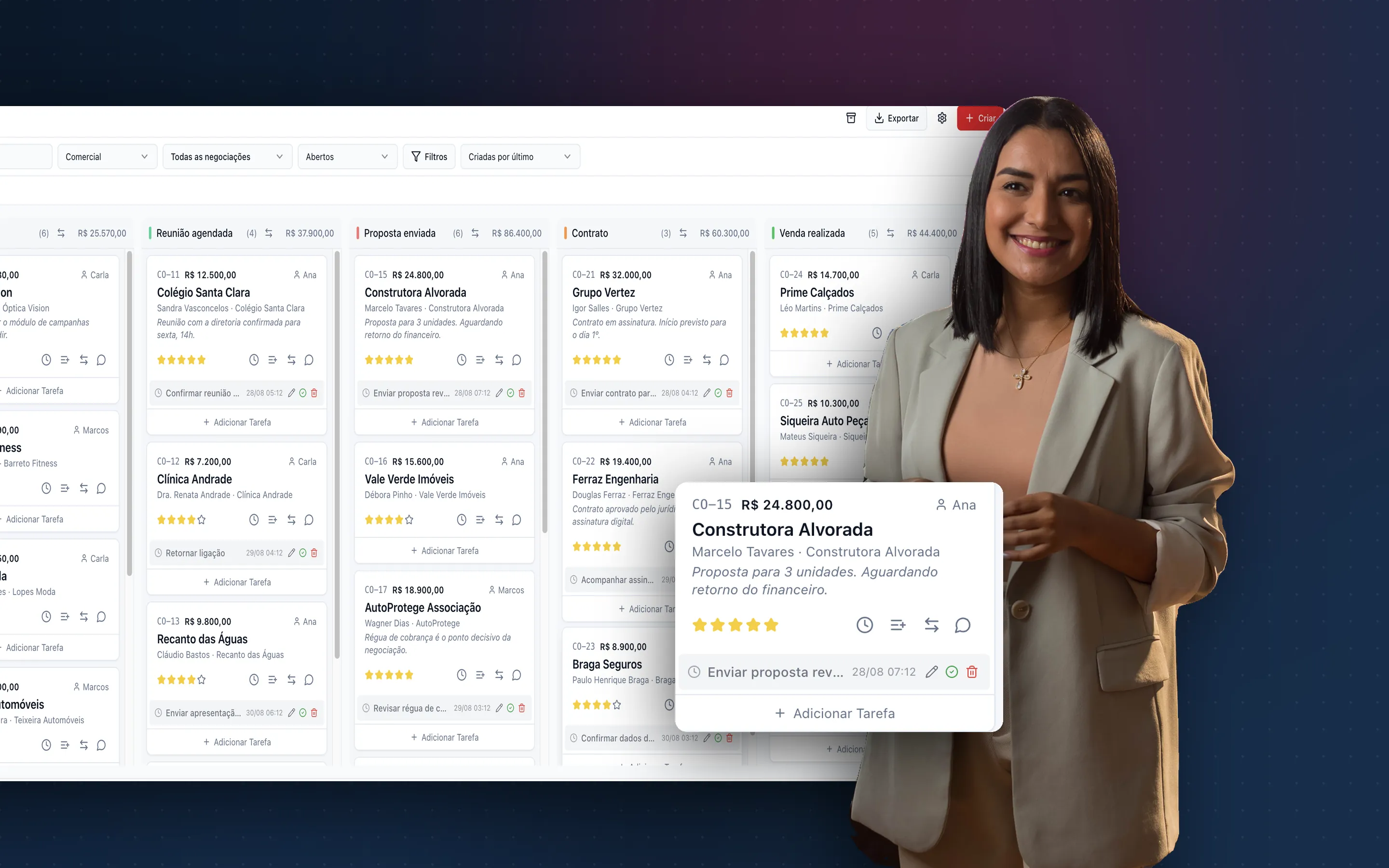 Funil de vendas em Kanban do RedCake CRM com negociações distribuídas por etapa, valor de cada fase e responsável por card