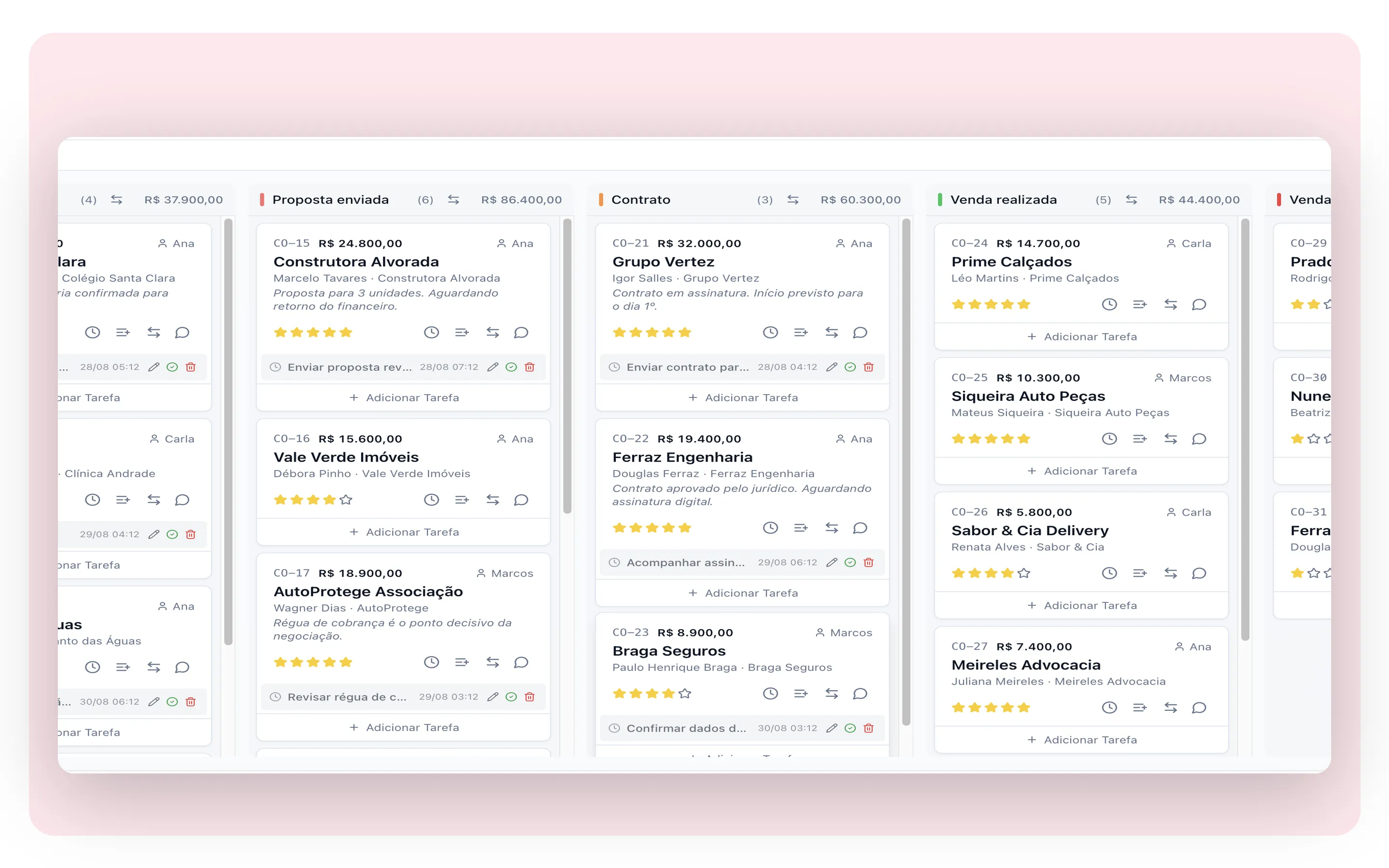 Funil de vendas em Kanban do RedCake CRM com oportunidades por etapa