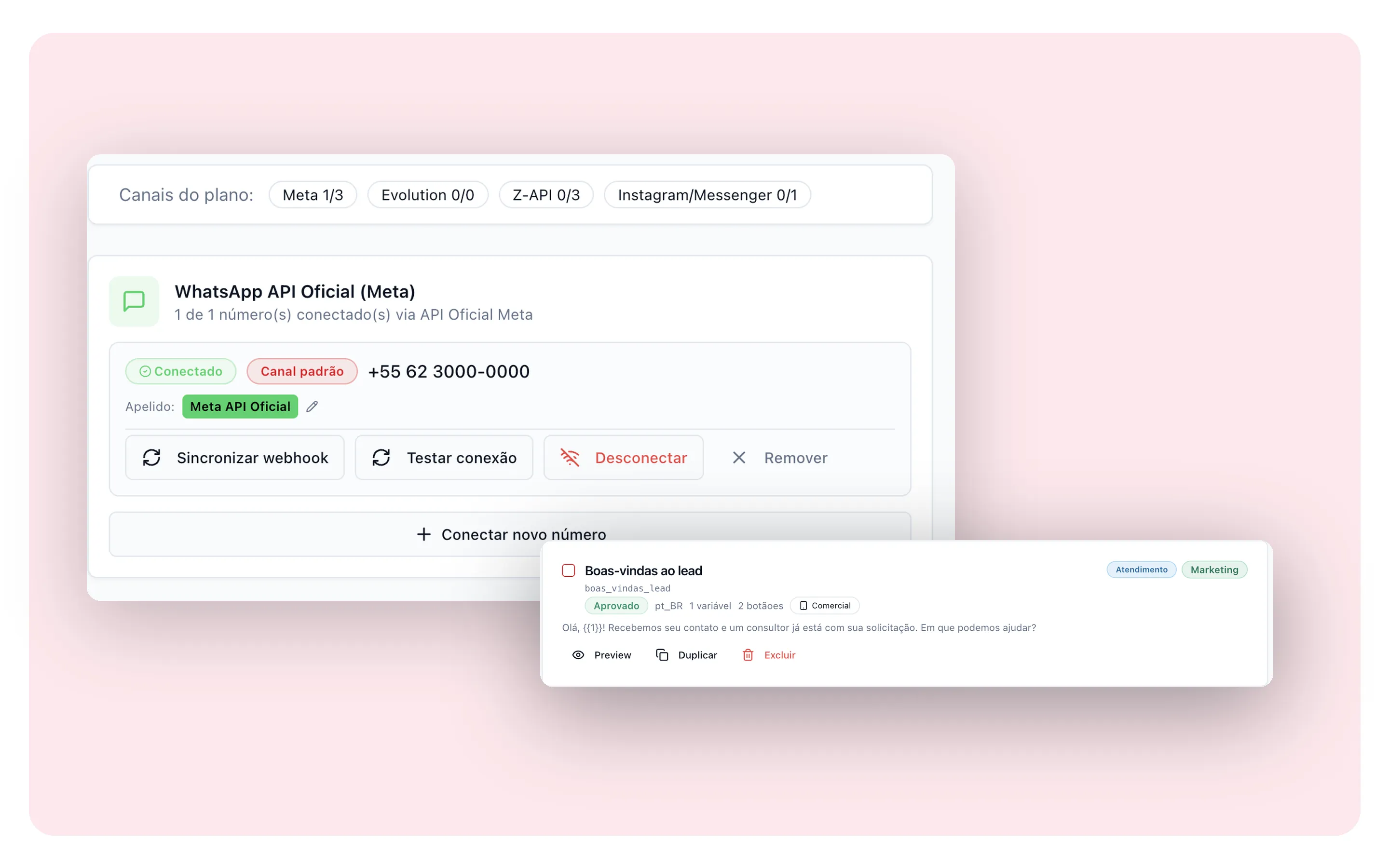 Número de WhatsApp oficial conectado ao RedCake CRM pela API da Meta