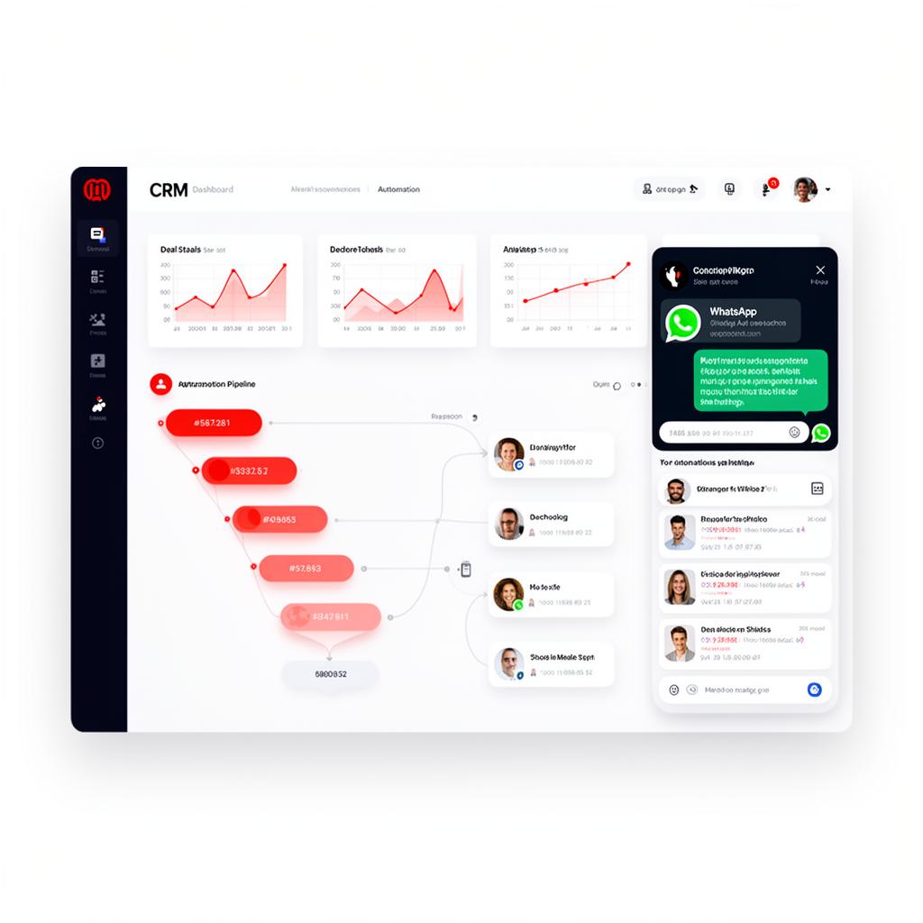 Dashboard do RedCake CRM mostrando funil de vendas e integração WhatsApp